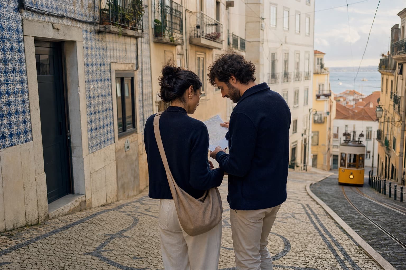 Couple s’orientant dans une rue historique de Lisbonne