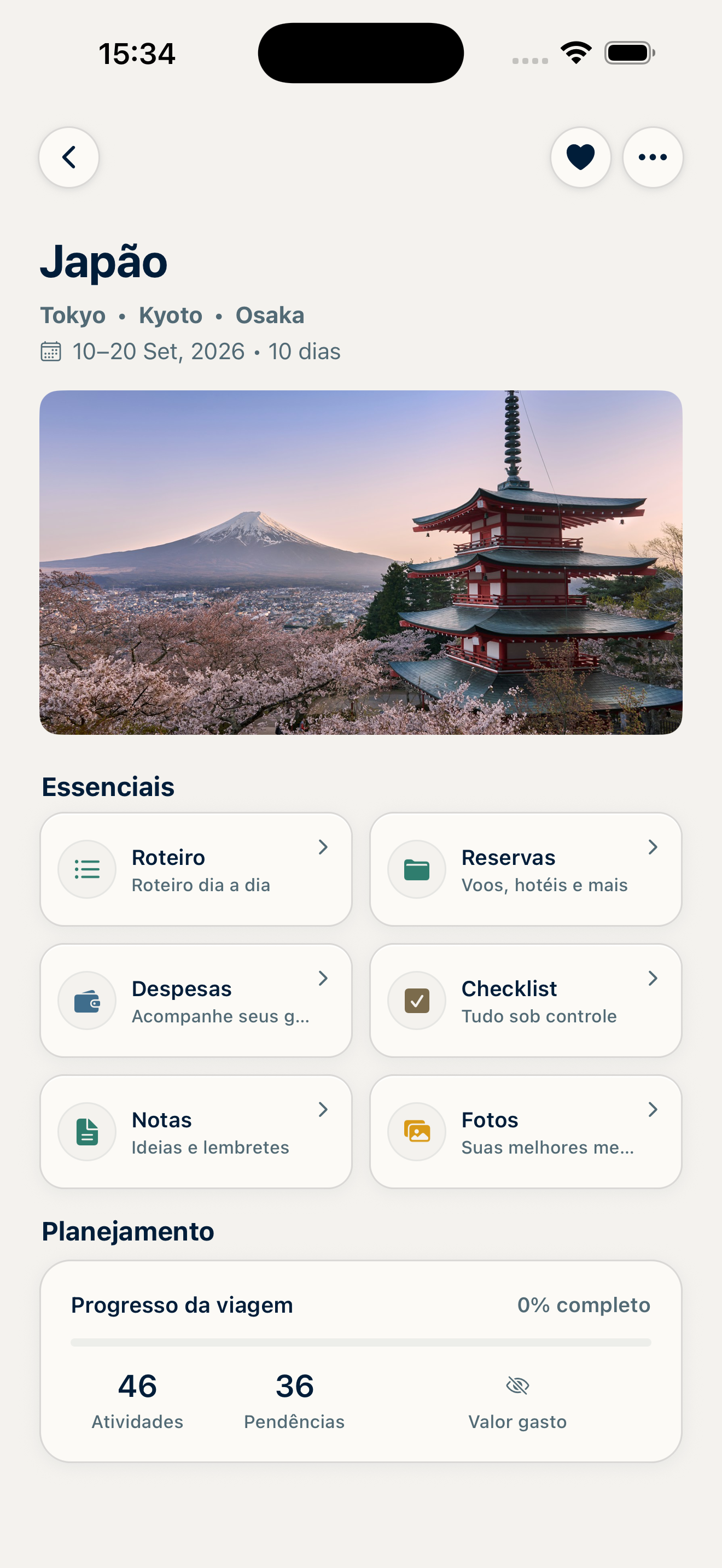 Tela Resumo da viagem do app Zolapo